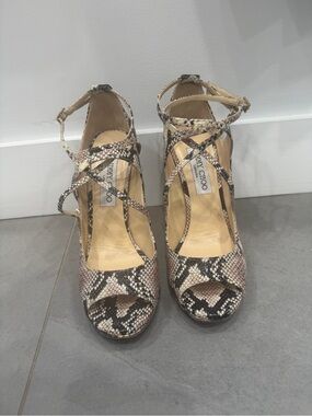 Jimmy Choo Snake-Print Crisscross Ankle-Strap Heels